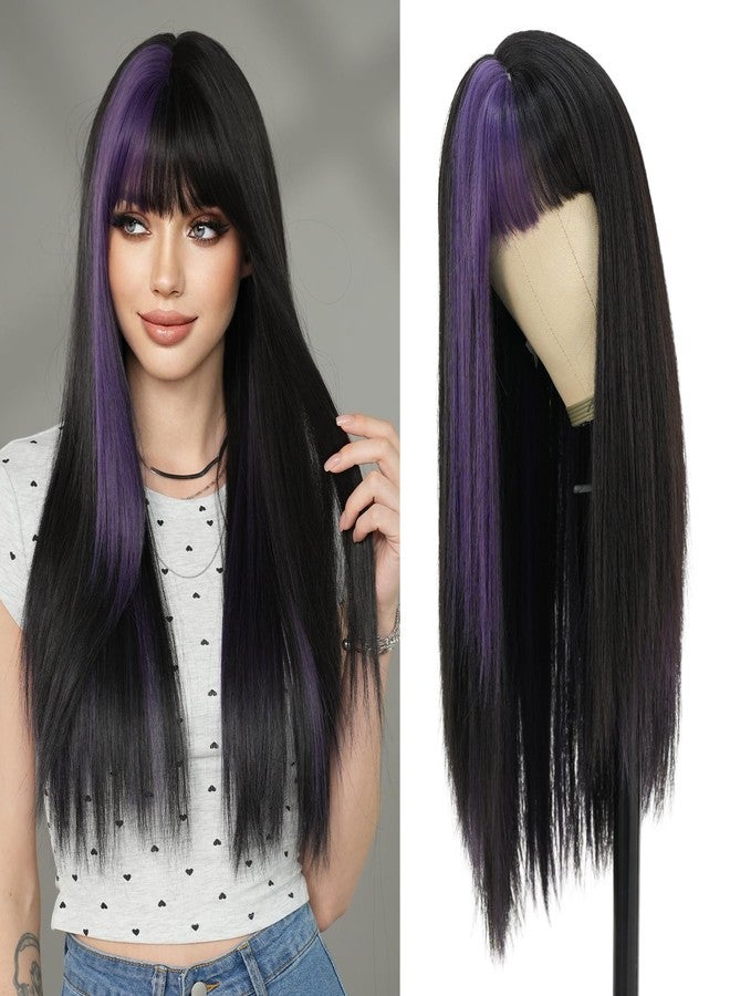 7JHH WIGS Long Straight Purple Highlight Wig with Bangs 27in Natural Heat Resistant Fiber Synthetic Half Black Half Purple Layered Wigs for Women Girls Holiday Chrismas Daily Party Used - Image 1